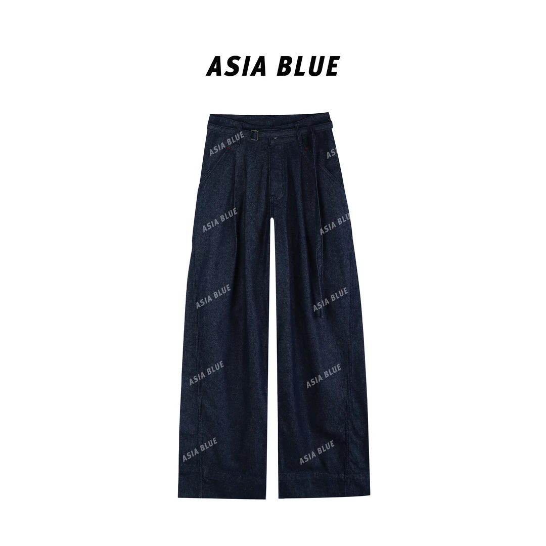 【ASIA BLUE】无弹带腰带宽脚边阔腿牛仔裤AB5511