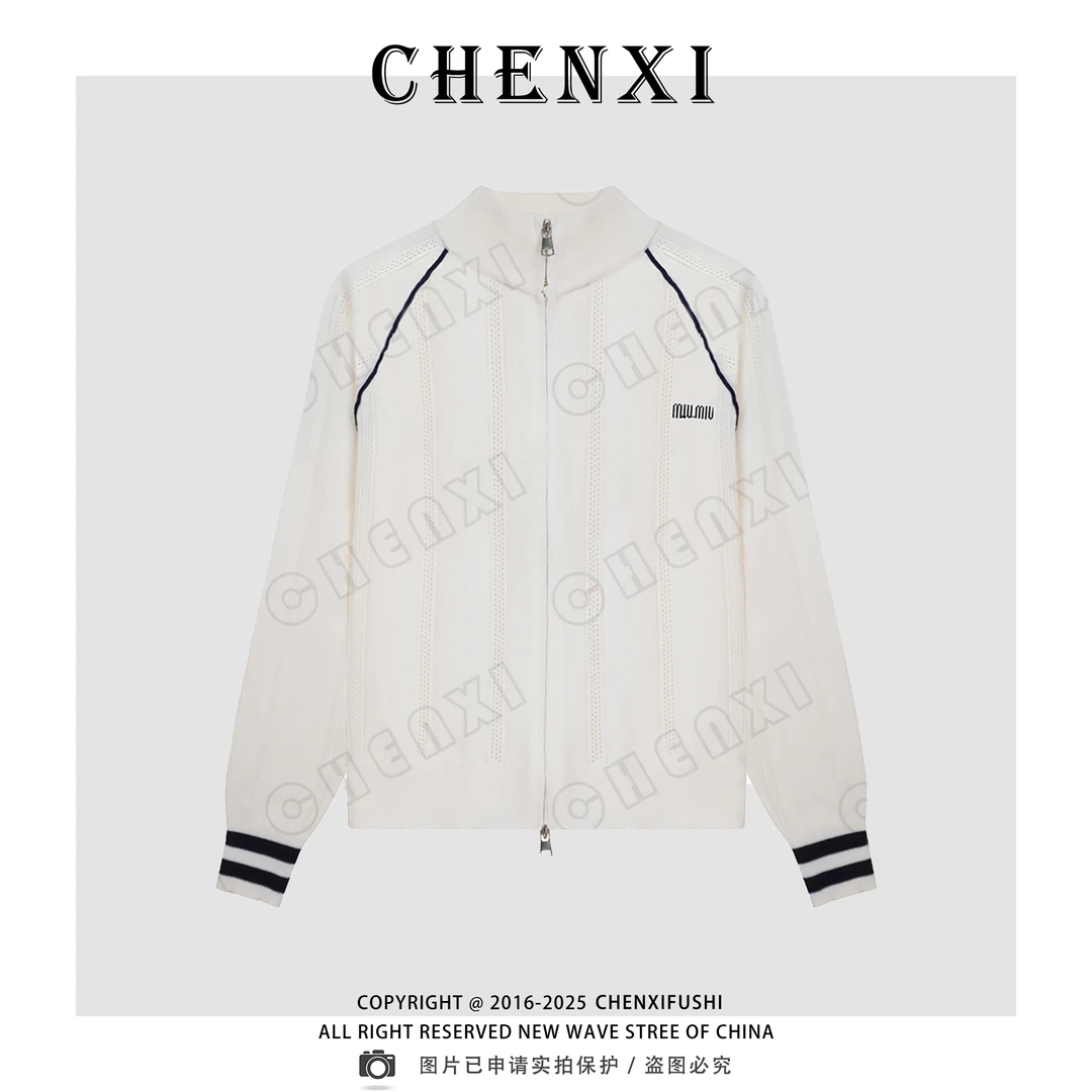 miu系25秋季新款针织开衫镂空拉链外套女撞色立领时尚休闲上衣