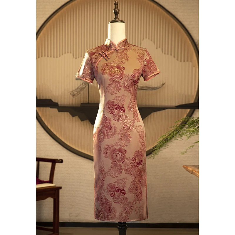 粉色烫金玫瑰旗袍夏装小个子高级感日常可穿妈妈装婚宴礼服高贵女