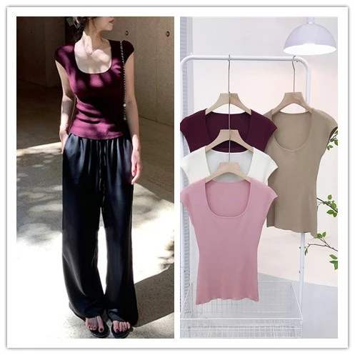 ERXI 夏季14针冰丝纯欲方领包袖遮副乳修冰凉透气针织衫短袖女