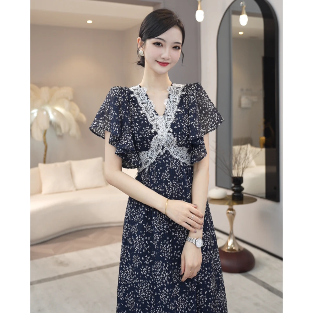 唐熹2025年夏季新款【DD-2576】小众气质拼接碎花飘逸藏蓝色连衣裙