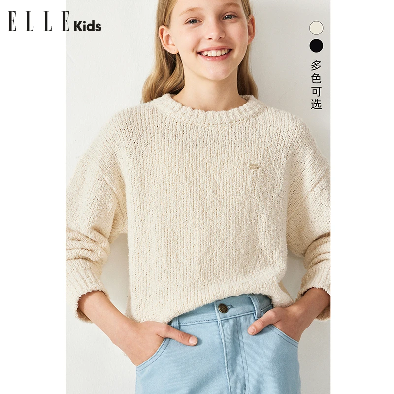 ELLEkids童装学院风圆领颗粒纱针织衫女童春季休闲套头毛衫上衣S1