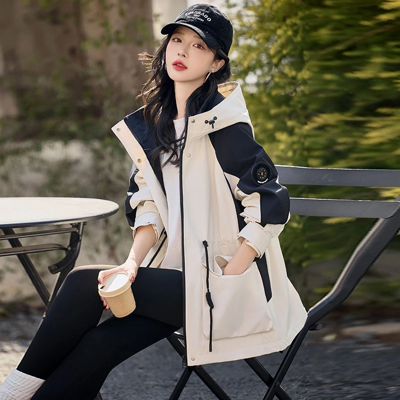 派克服女2025春秋新款时尚洋气宽松中长款冲锋衣撞色拼接连帽外套