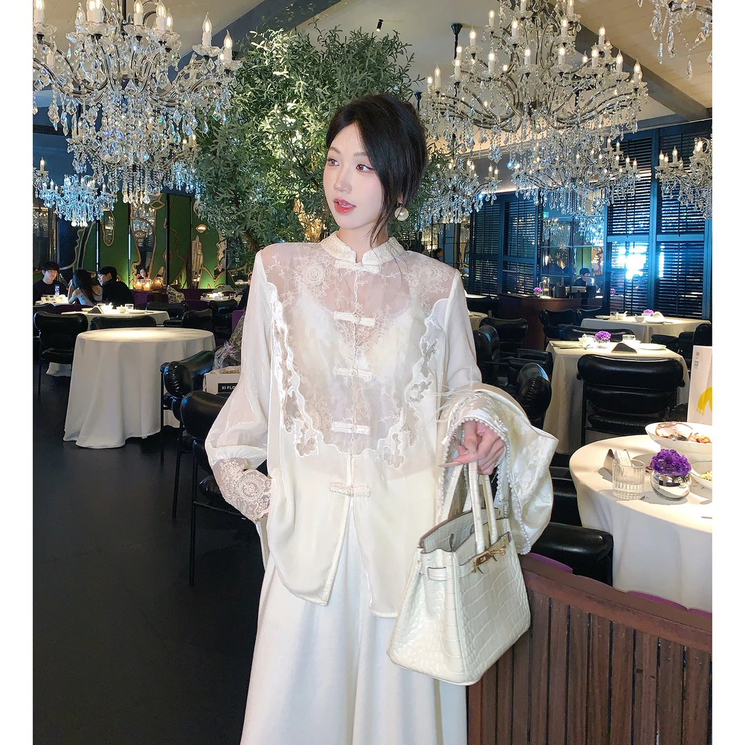 果果家 新中式2025女薄款白色女装气质提花衬衫开衫上衣