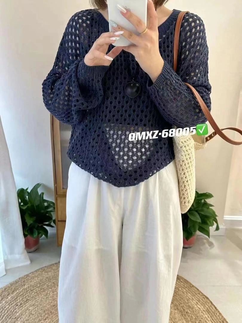 时尚长袖镂空针织衫2025春秋季新款女宽松百搭休闲上衣套头毛衣