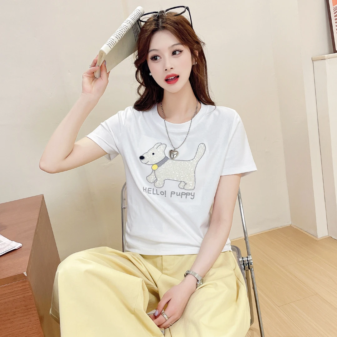苏醒的乐园修身显瘦收腰t恤女夏季95棉SXT53078重工亮片亮片小狗