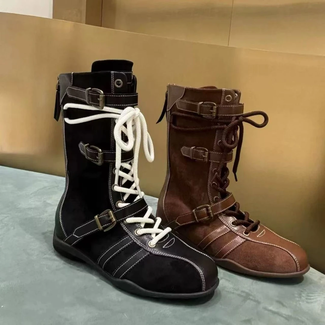 牛皮版~5cm内增高厚底拳击靴女升级版猎鸭靴皮带扣设计马丁靴短靴