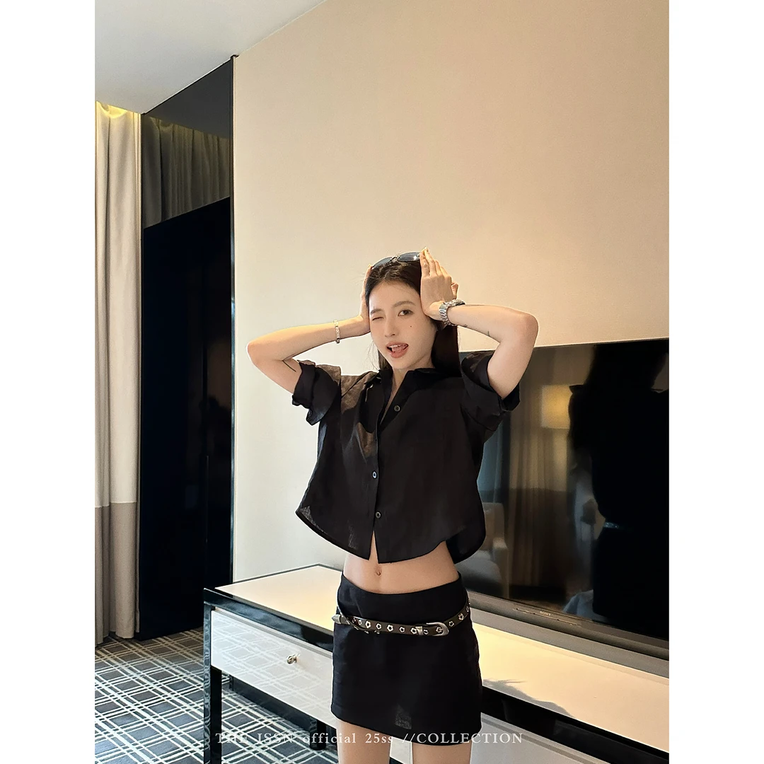THEISSN宁司 黑色短袖薄款衬衫女夏季通勤百搭休闲短款上衣 0791