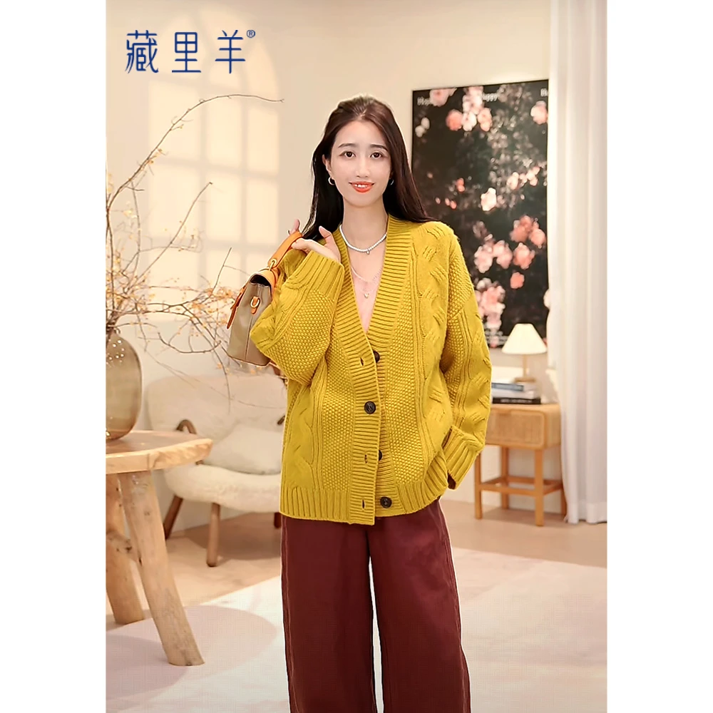 藏里羊【麻花】秋冬慵懒风羊绒衫宽松V领羊绒开衫BC01267