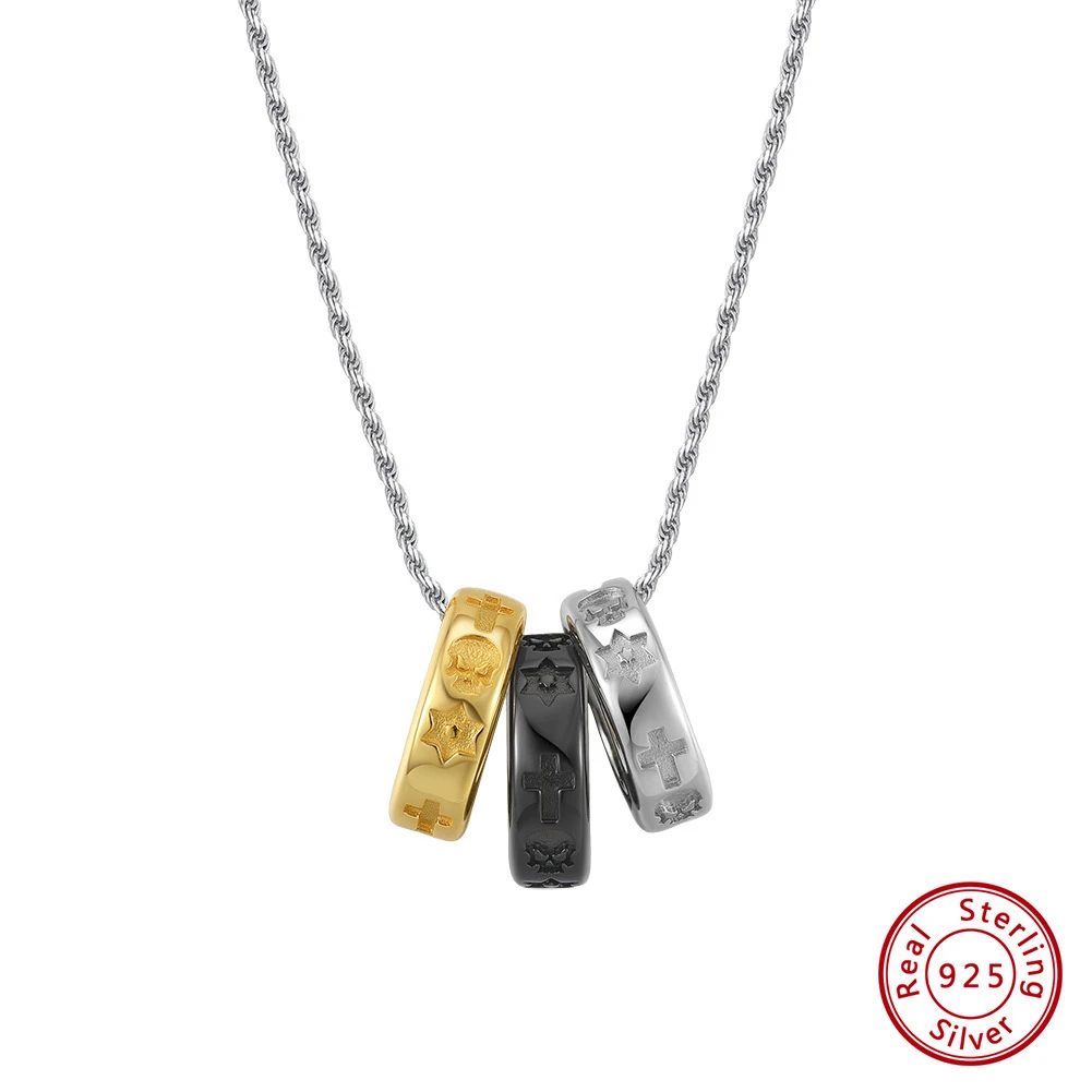 坠链均925银 新款三色三环吊坠项链男女纯银镀金嘻哈十字架锁骨链