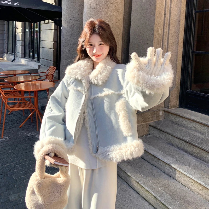 羊羔毛皮毛一体外套女2025冬季新款韩系甜酷氛围感奶呼呼毛领棉服