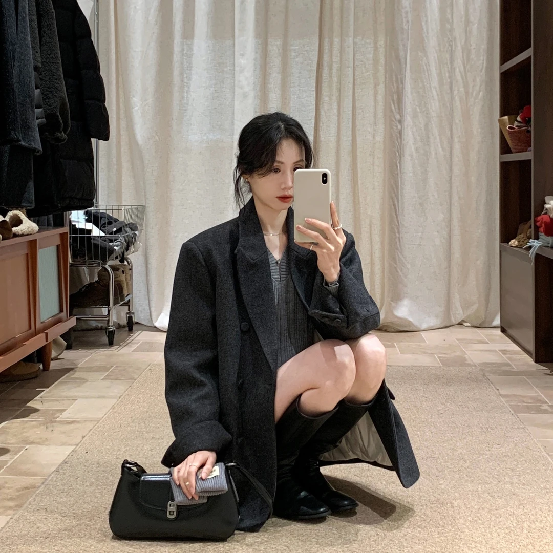 深灰色简约宽松夹羽绒西装女冬季长袖保暖高级职业通勤外套