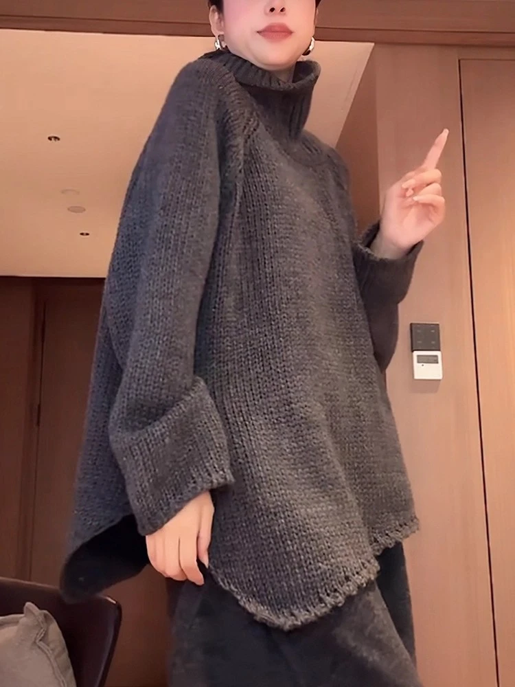 灰色高领毛衣女士秋冬慵懒风宽松洋气减龄中长款遮屁股针织衫上衣