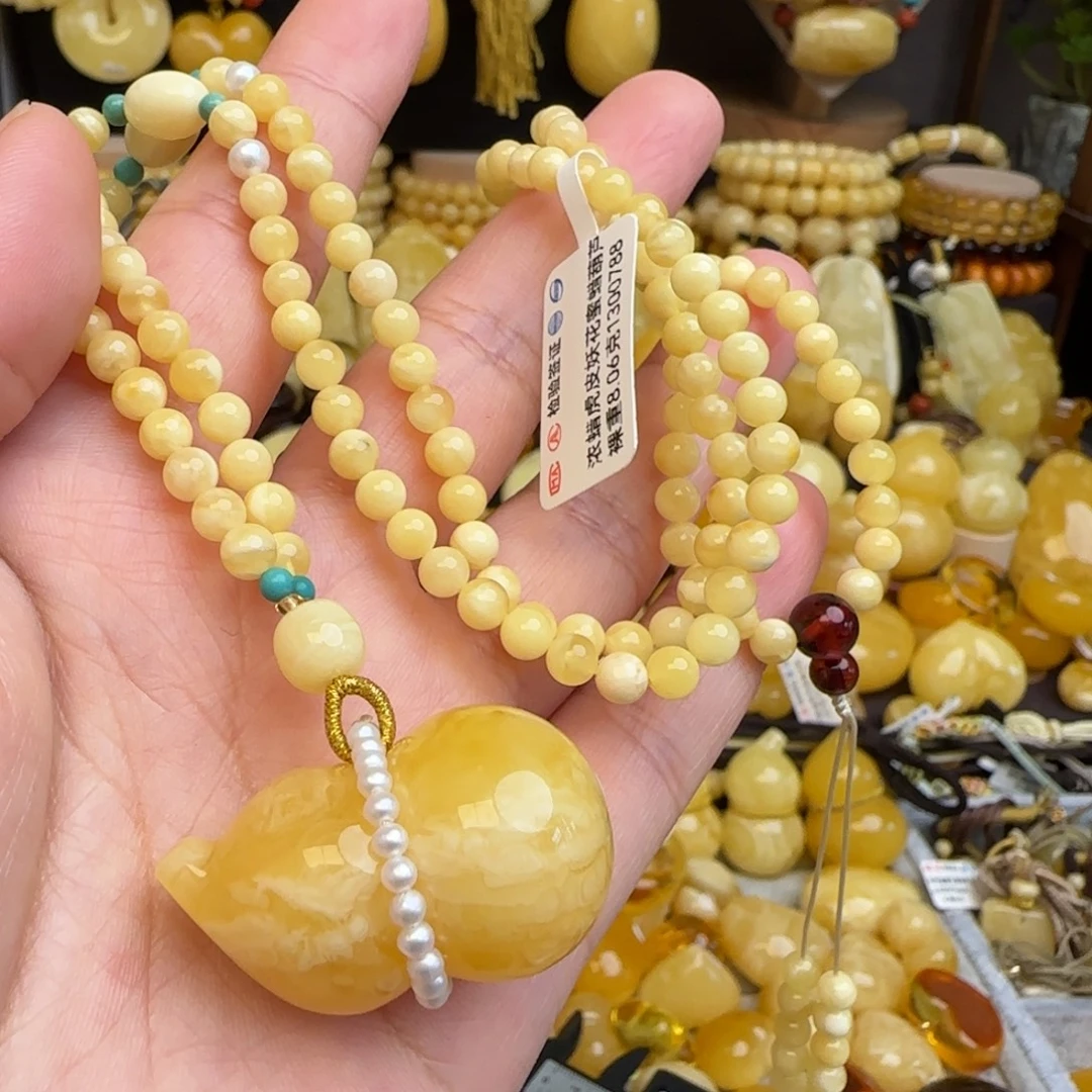 琥珀套链未镶嵌天然俄料虎皮妖花蜜蜡葫芦吊坠