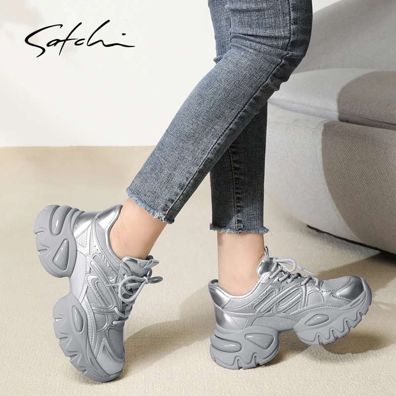 沙驰 潮酷增高老爹鞋厚底休闲鞋时尚银色透气跑鞋女款运动鞋