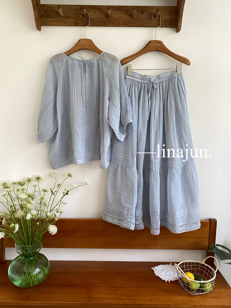 5.20秋棠夏季新款韩系文艺风压褶蕾丝拼接苎麻两件套