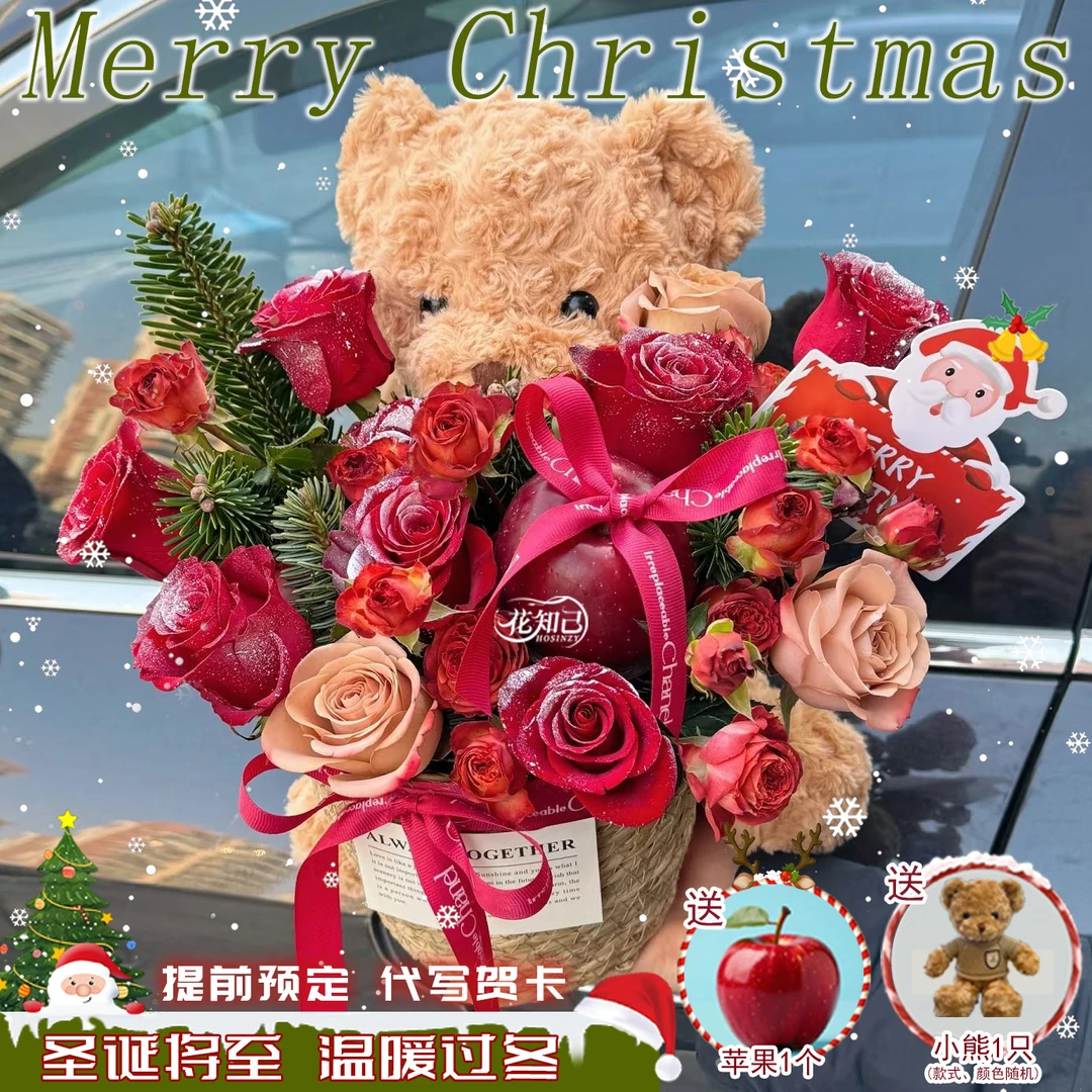 【期许苹安】11枝红玫瑰卡布奇诺玫瑰混搭1个苹果小熊抱抱篮送闺蜜送女友圣诞花束鲜花订购同城配送小时达SD