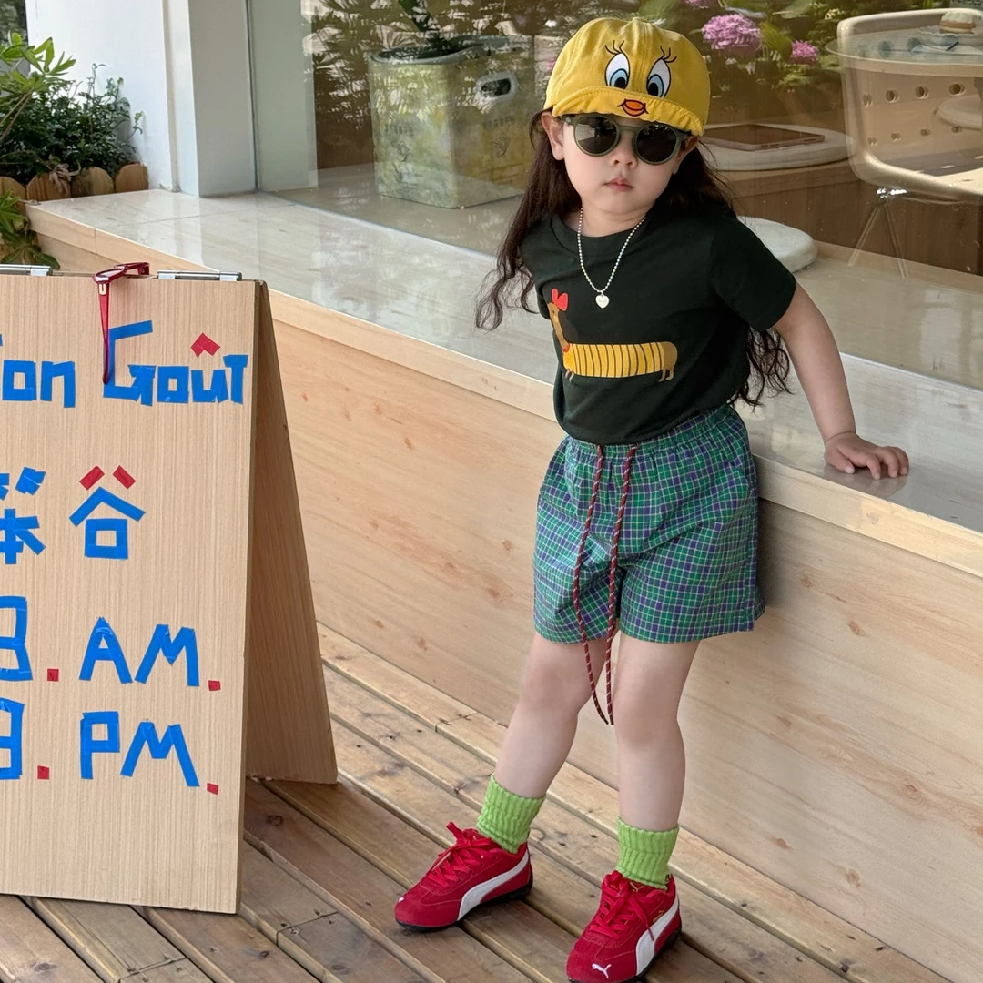现货夏季韩版童装女童卡通印花圆领短袖格子短裤洋气套装潮裤