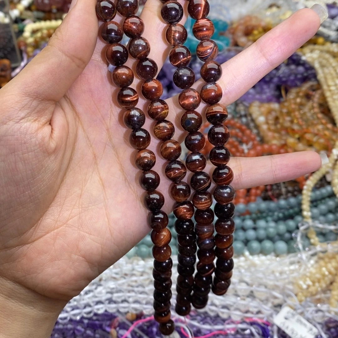 玛瑙/玉髓未镶嵌珠宝半成品一条纯天然红虎石圆珠8mm