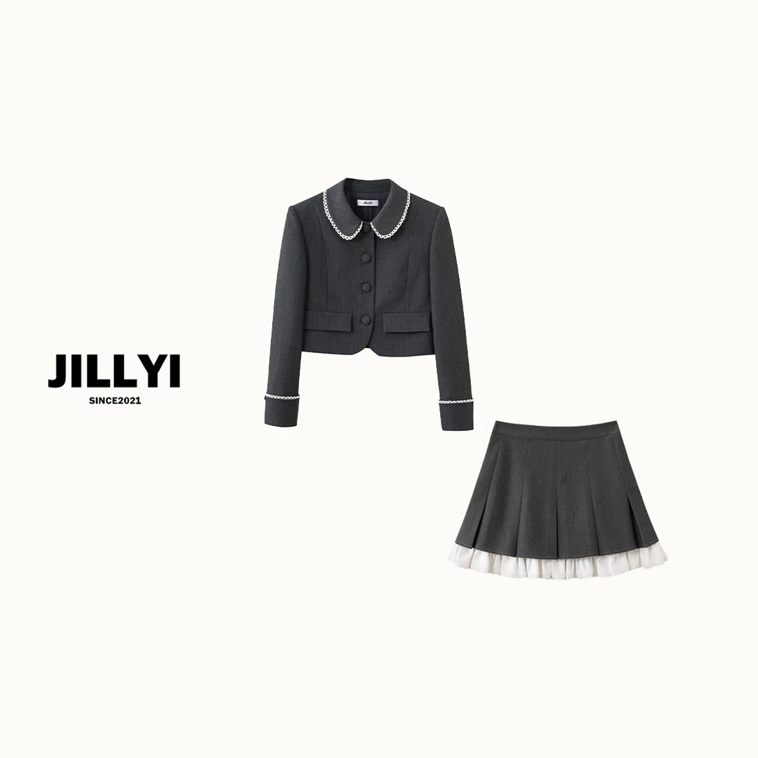 JILLYI【格雷公主】+【苏苏公主】深灰色蕾丝花边外套+撞色拼接半裙