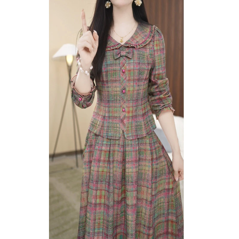 【欧赛雅文】上衣+半身裙娃娃领格纹花色气质套装裙子M-4XL