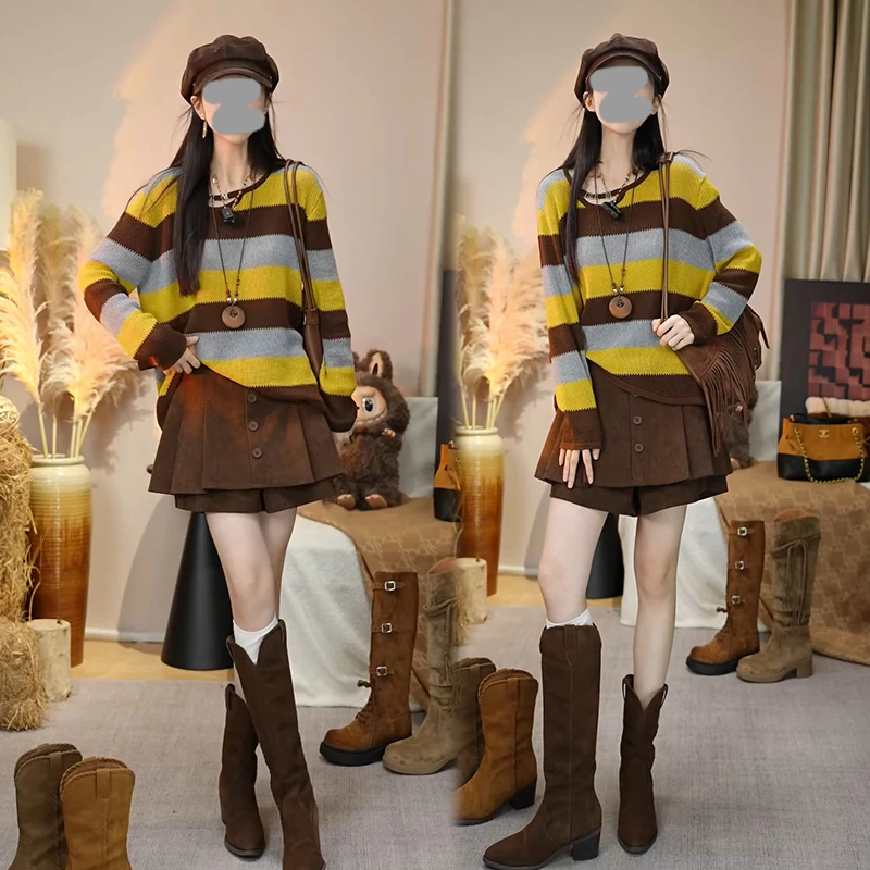 纯欲慵懒风套装女2025年春秋新款条纹撞色长袖针织衫半身裙两件套