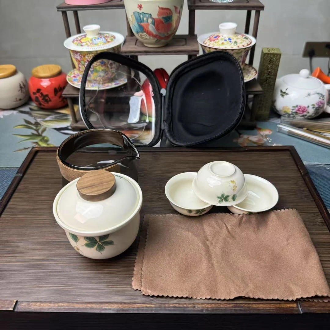 兔子吃草旅行茶具便携一壶三杯【h0229】