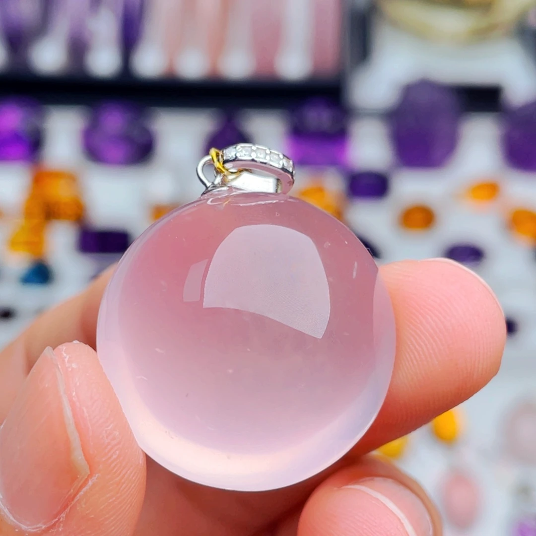水晶珠宝半成品银S925镶嵌天然保真粉晶吊坠