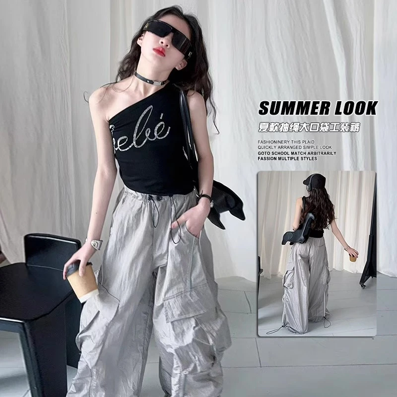 网红女童背心外穿斜肩黑色爵士舞夏装女孩儿童套装吊带紧身上衣炸