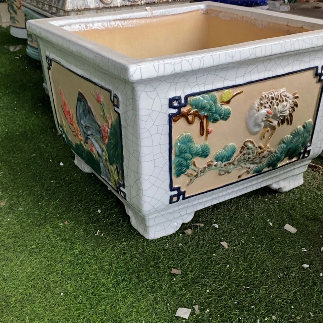 红陶黑***吖白色贴花方盆6。