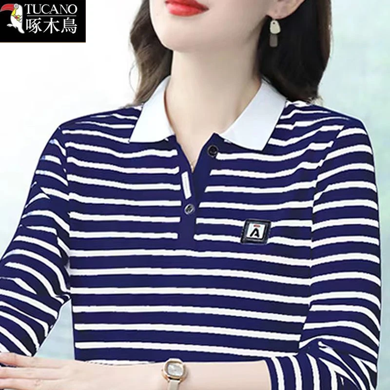 啄木鸟新款长袖刺绣POLO衫大码显瘦上衣2025年秋季纽扣翻领T恤女