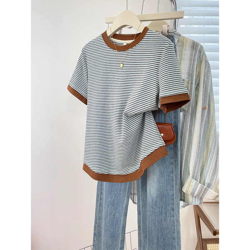 2025新款chic条纹短袖T恤衫假两件拼色百搭上衣服大码宽松休闲女