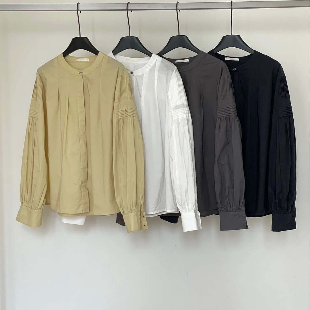 FUJIA STYLE新款休闲韩版设计感圆领气质压褶长袖衬衫ZW8011