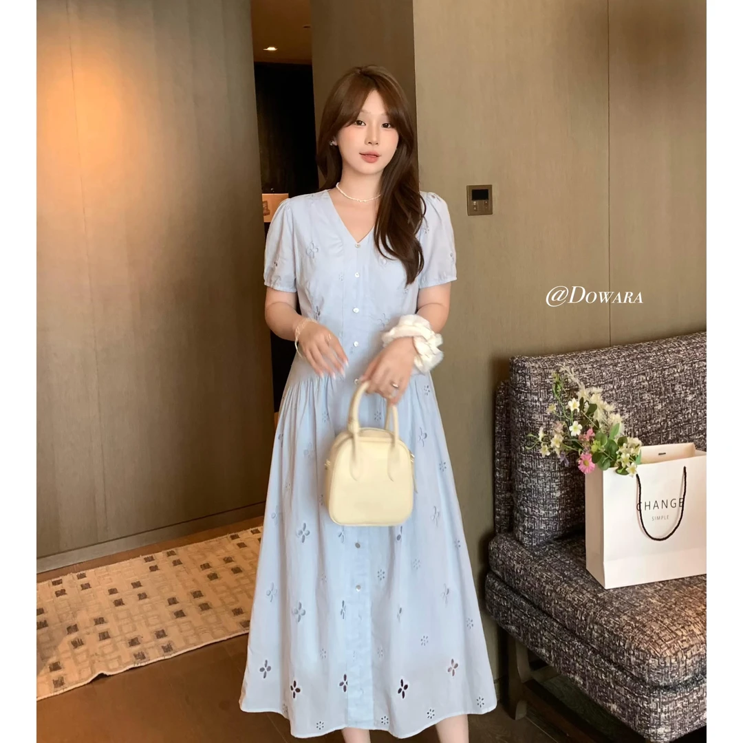 大婉酱肉肉微胖定制【爱丽丝寻梦曲】V领镂空提花设计感连衣裙8592X