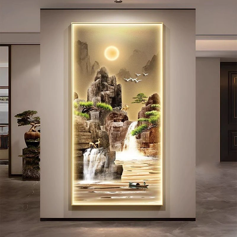 流水生财壁画LED灯过道挂画走廊入户对门装饰画玄关大气山水风景