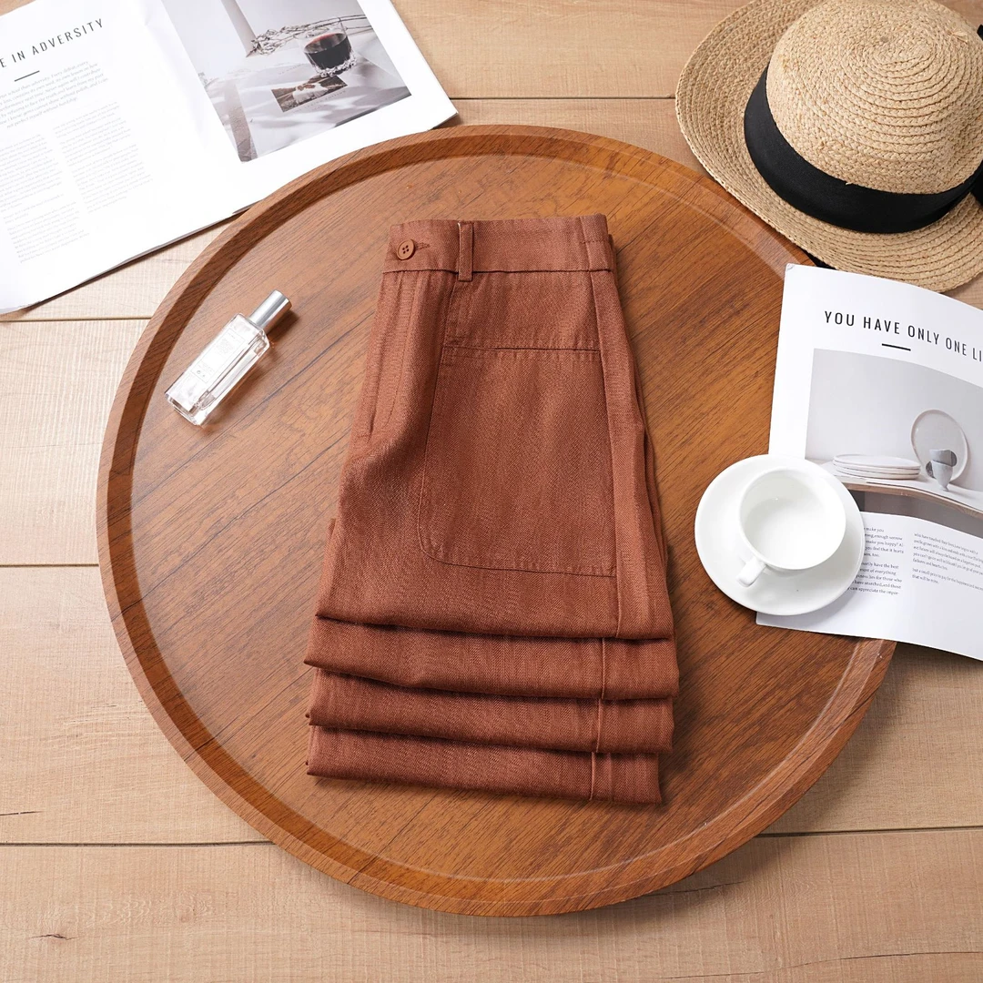 棕色天丝亚麻窄版阔腿裤女2025年夏季新款高腰显瘦垂感直筒休闲裤