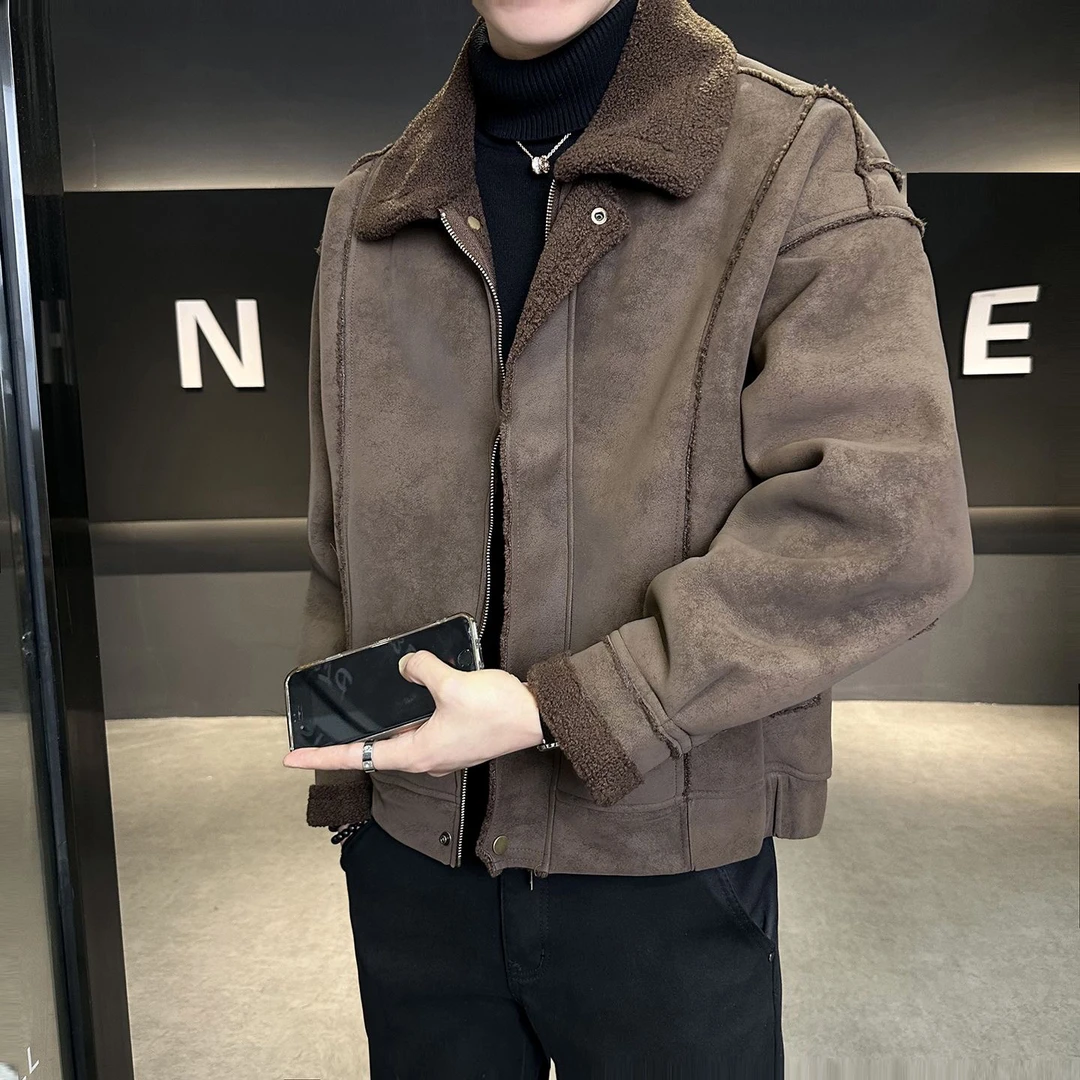 男士冬季翻领麂皮绒加绒保暖休闲夹克外套青年男装