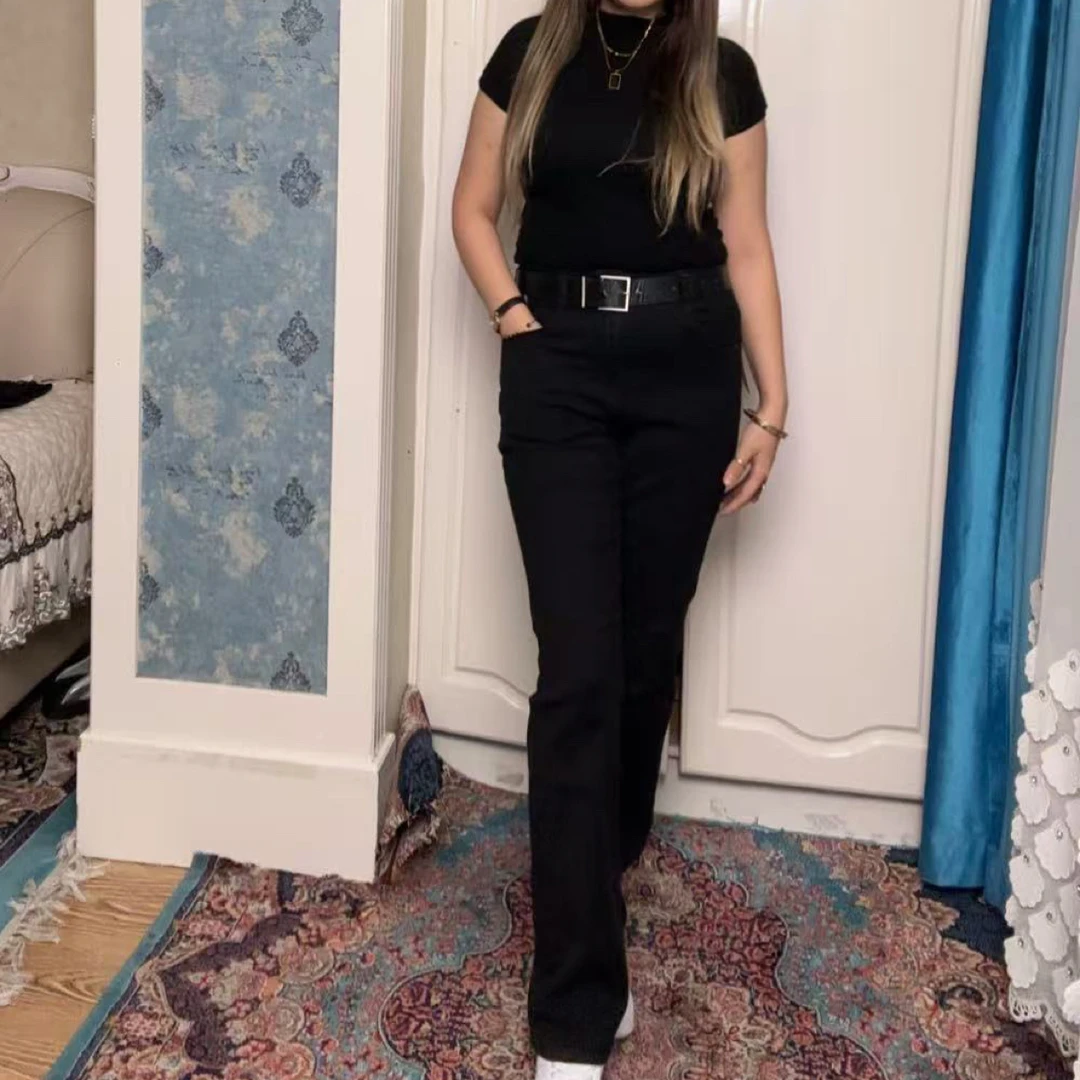 秋季女士高级感新款洋气修身直筒小脚黑色牛仔裤显瘦百搭包邮
