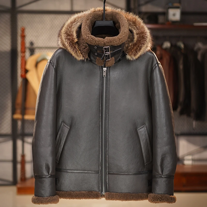 重水洗油蜡原生态皮毛一体男b3飞行服夹克绵羊毛皮草真皮皮衣冬