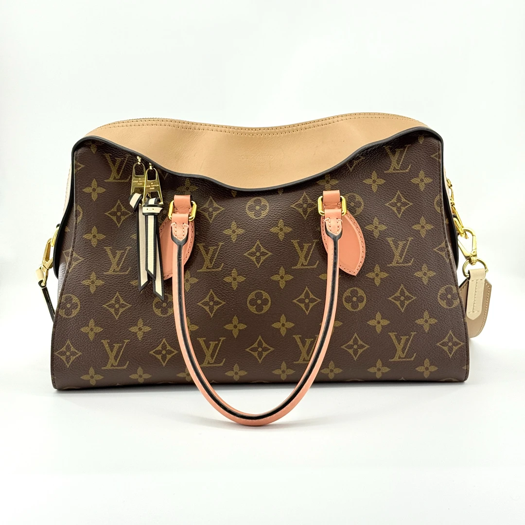 99新 LouisVuitton/路易威登 经典老花拼色手提单肩包老花/杏色