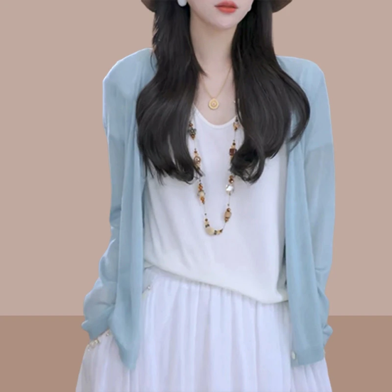 旅游度假风舒适薄款针织开衫女2025夏季新款防晒外套百搭通勤上衣