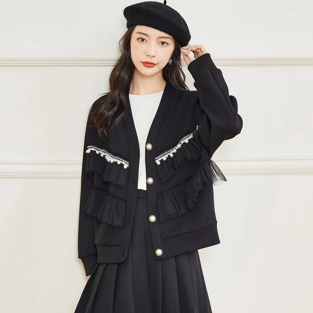 白鹿语春秋气质网纱拼接仿珍珠时尚V领长袖开衫宽松外套女BL22555