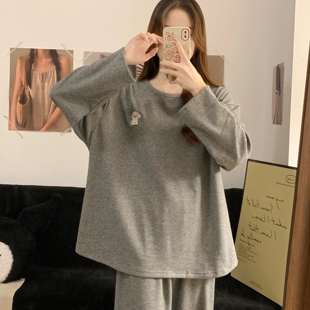 睡衣女款春秋冬季长袖简约绵羊绒保暖加厚圆领灰色大码家居服套装