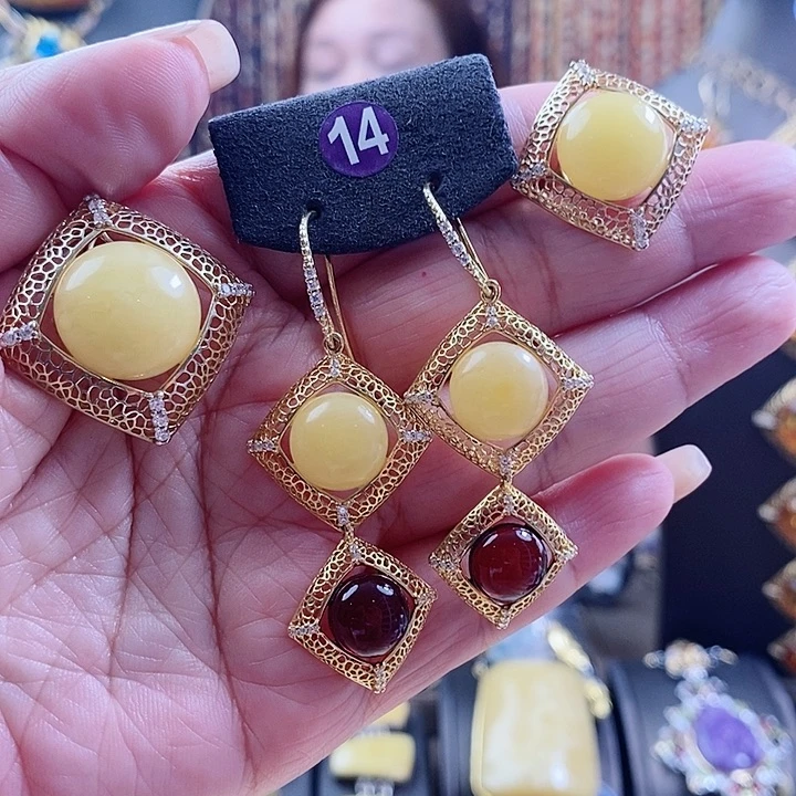 琥珀颈饰银S925镶嵌套装不含链