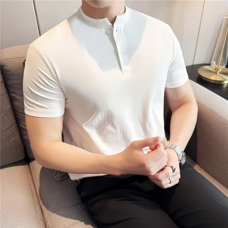亲肤凉感索罗娜T恤衫男士夏季气质亨利领上衣简约仿麻棉休闲短袖