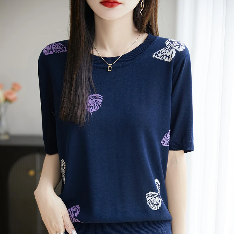 透气 圆领提花莱赛尔天丝蝴蝶图案短袖上衣女