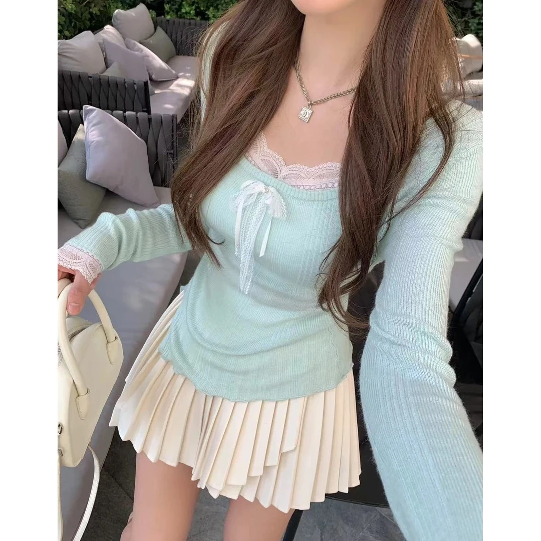 胖mm2025春款女百搭假两件长袖打底衫蕾丝欧若风拼接遮肉显瘦上衣