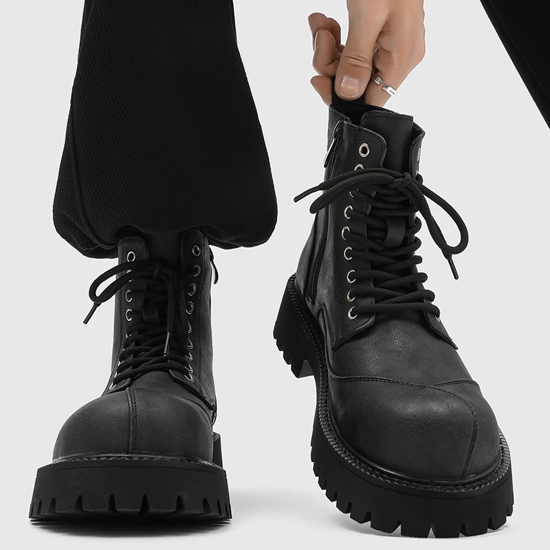 大头马丁靴男士黑色时尚机车靴欧美风个性拉链时尚百搭高帮德比鞋