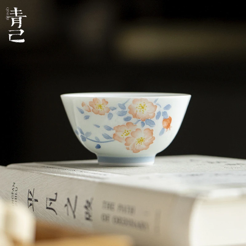 青己玉泥白瓷手绘主人杯十二花神系列石榴家用茶杯陶瓷品茗杯单杯