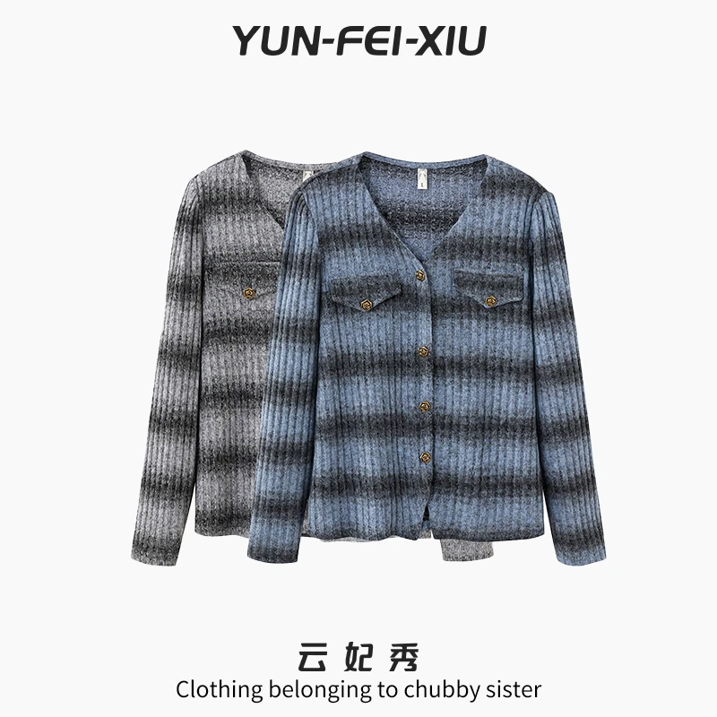 云妃秀大码女装针织衫渐变条纹时尚宽松显瘦遮肉胖妹妹秋季28150